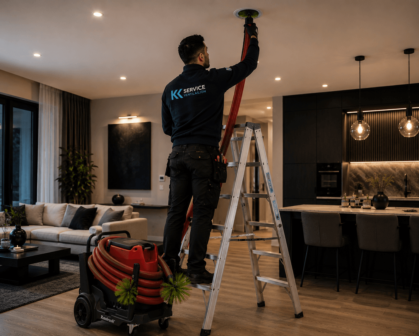 KK Service-tekniker renser takventil i bolig