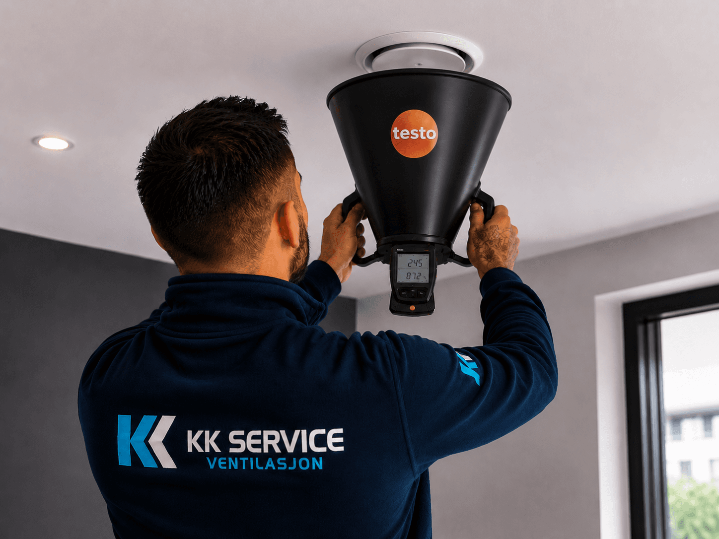 KK Service-tekniker måler luftmengde med testo måletrakt