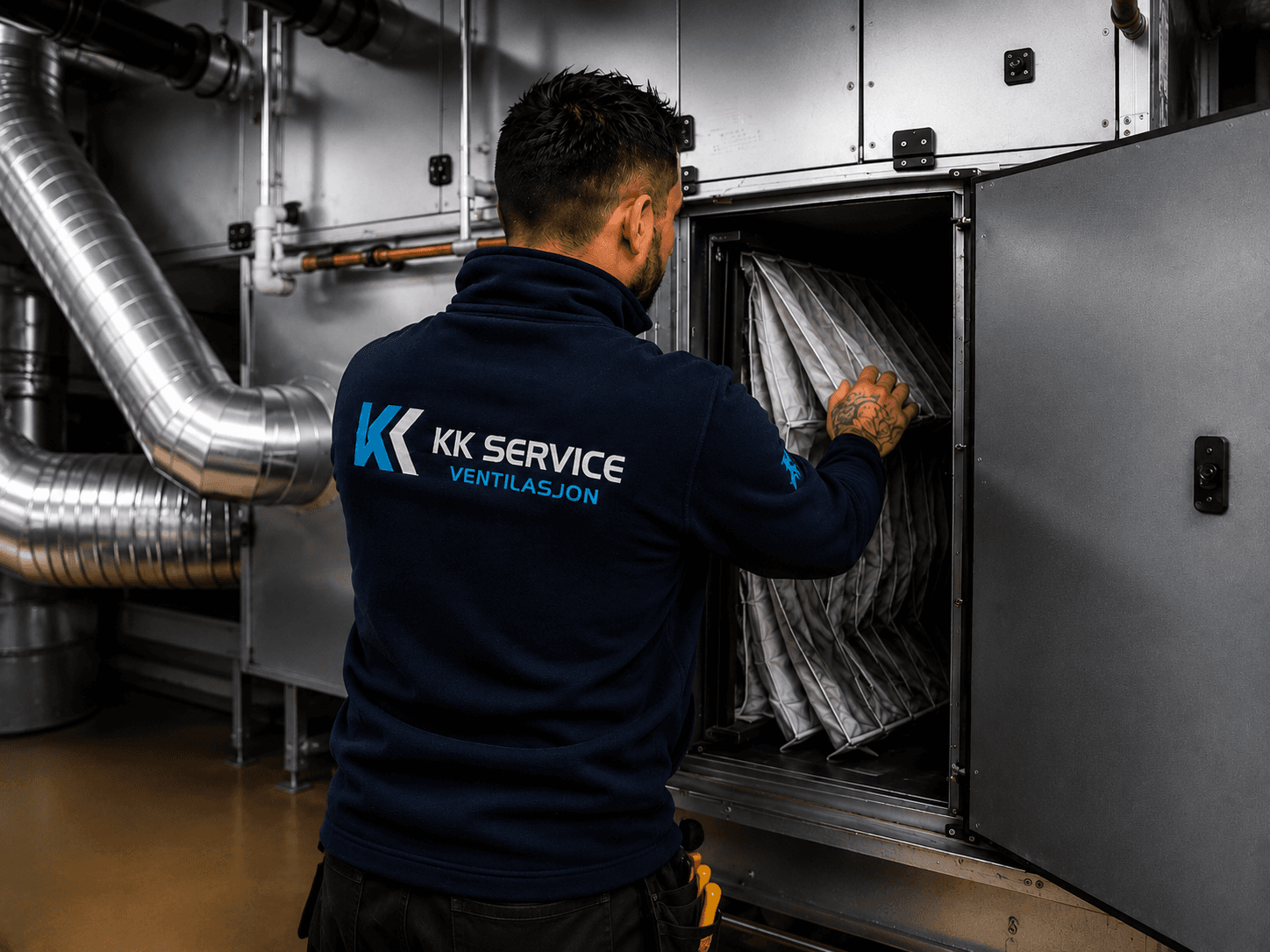 KK Service-tekniker utfører vedlikehold på ventilasjonsaggregat i næringsbygg